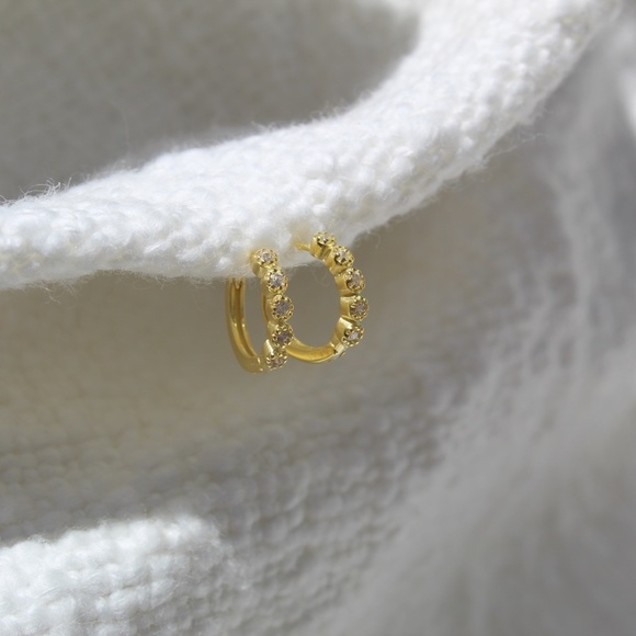 Sterling Silver Gold Huggie Hoops with Row of Isolated Simulated Diamonds - Picture 6 of 12